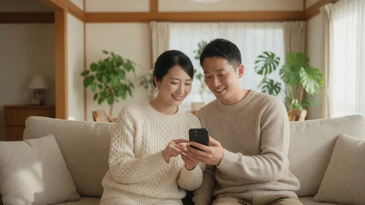 部屋でスマートフォンを見ながら笑うふたり