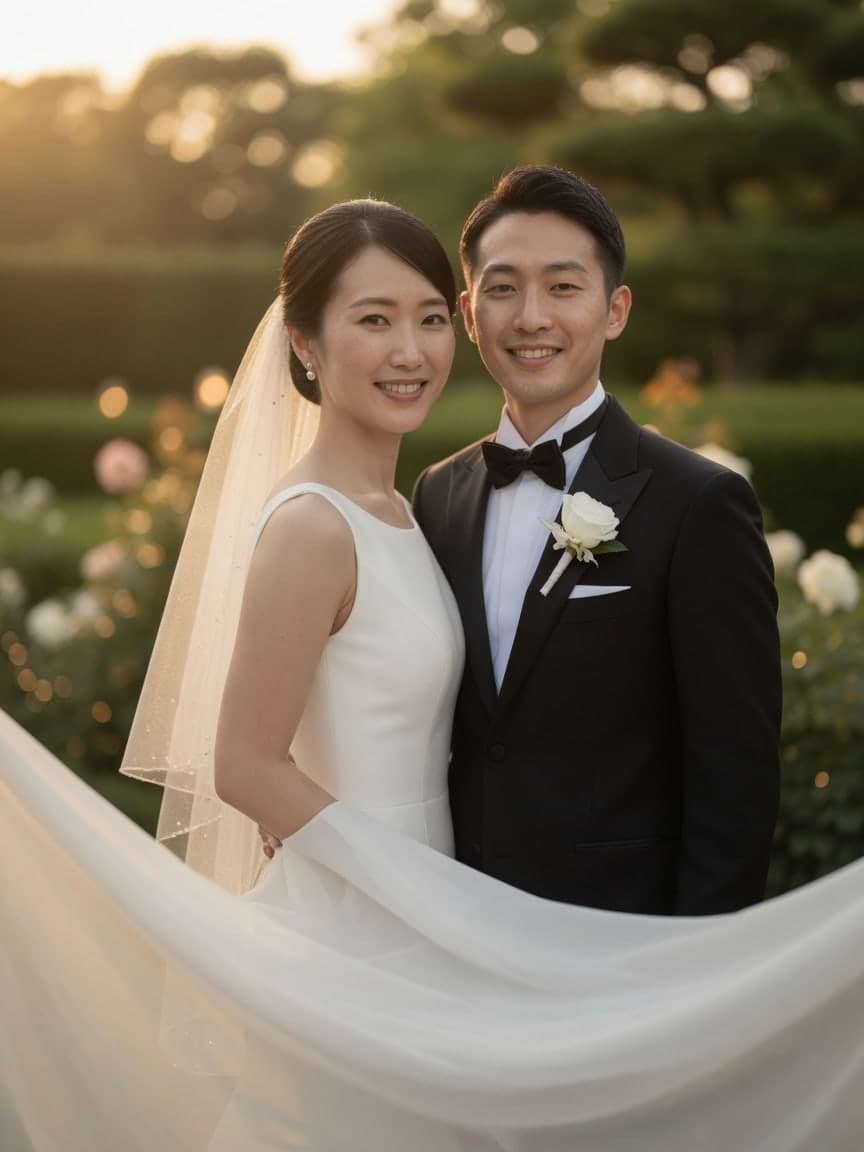 夕暮れの庭で寄り添う新郎新婦