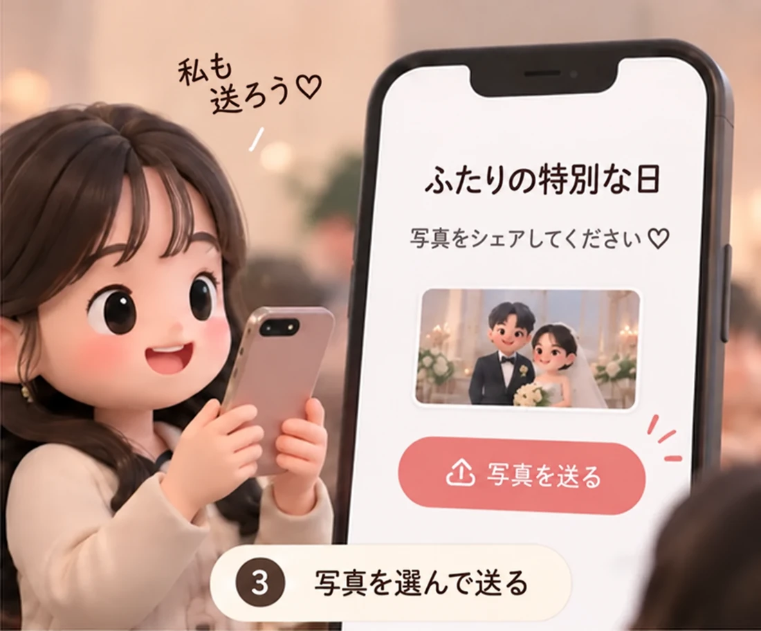 アルバムを開き、日本語の「写真を送る」ボタンから写真を送る場面。